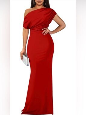 Red One-Shoulder Evening Gown
